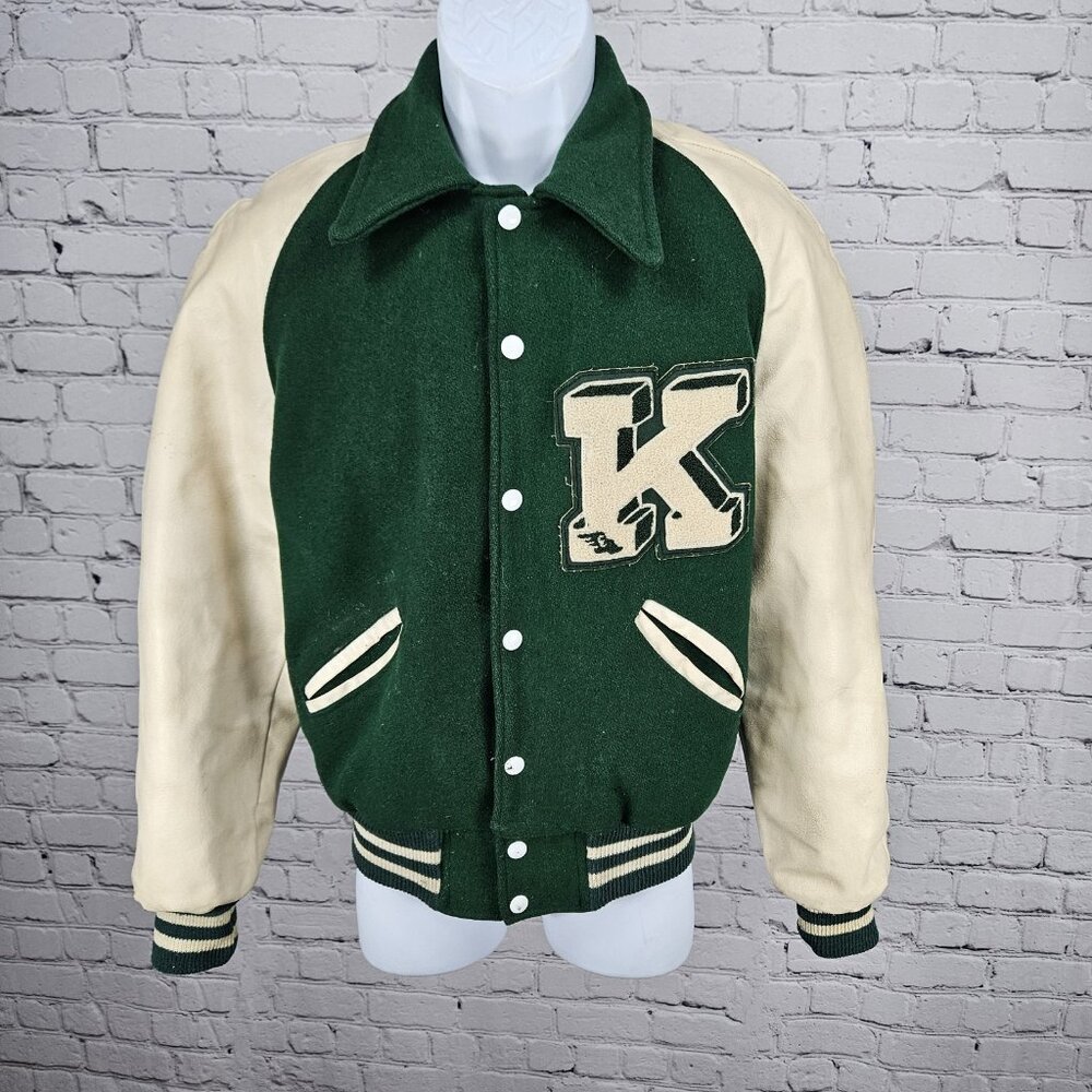 VTG Howe Green Wool Blend Varsity Letterman School Snap Point Collar Jacket 34